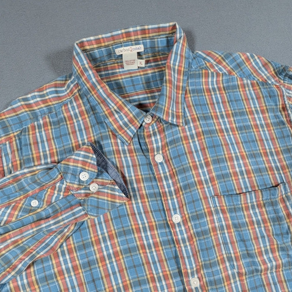Carbon2Cobalt Button Down Shirt Mens XL Blue Orange Plaid Cotton Elbow Patches